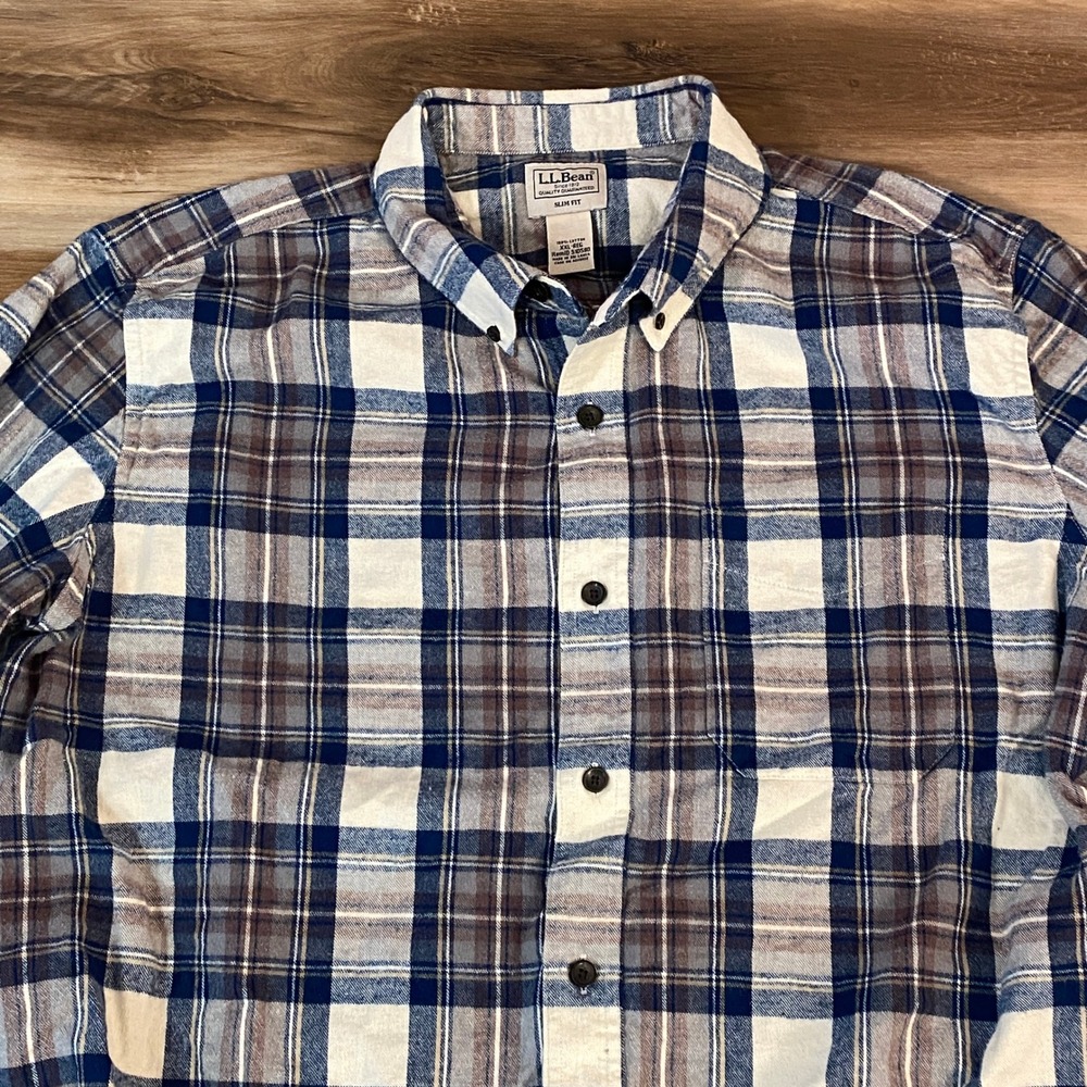 LL‎ Bean Mens XXL Slim Fit Flannel Shirt Blue Tan Scotch Plaid Cotton 510590
